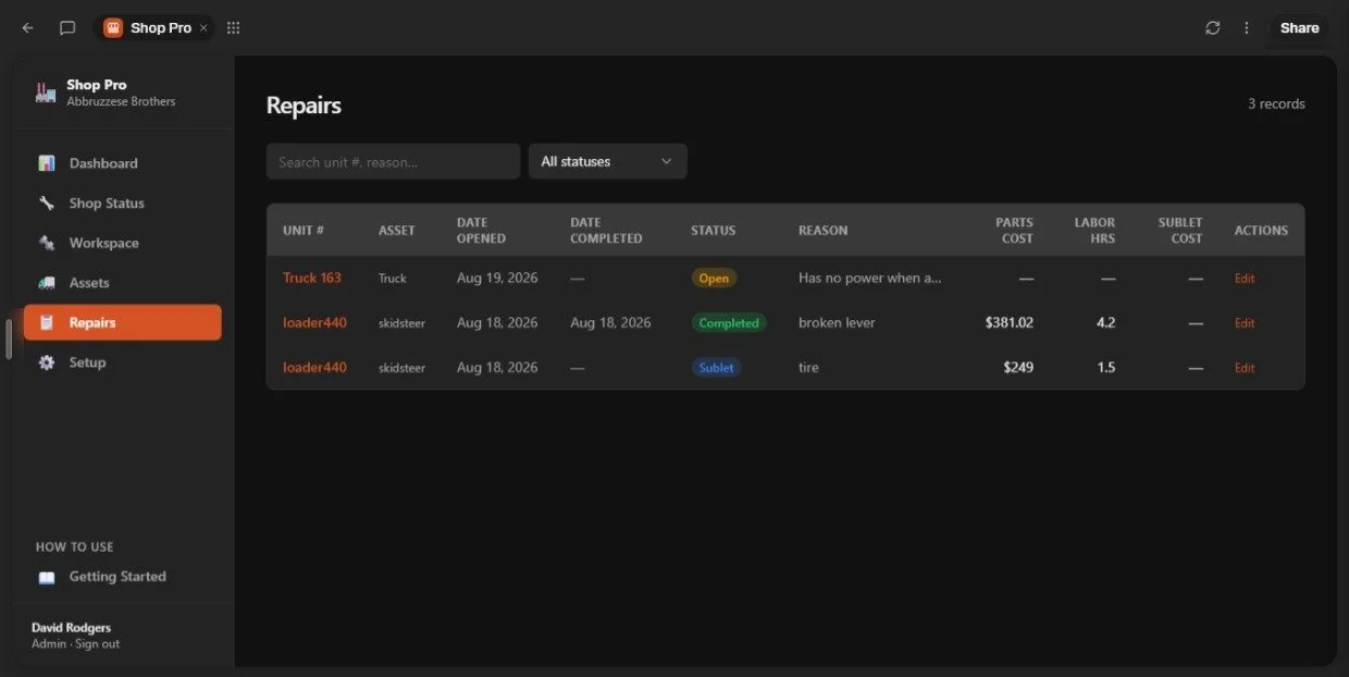 Screenshot of a repair management dashboard showing three repair records for trucks and skidsteers, with statuses 'Open,' 'Completed,' and 'Sublet,' including details like dates, reasons, parts cost, and labor hours.