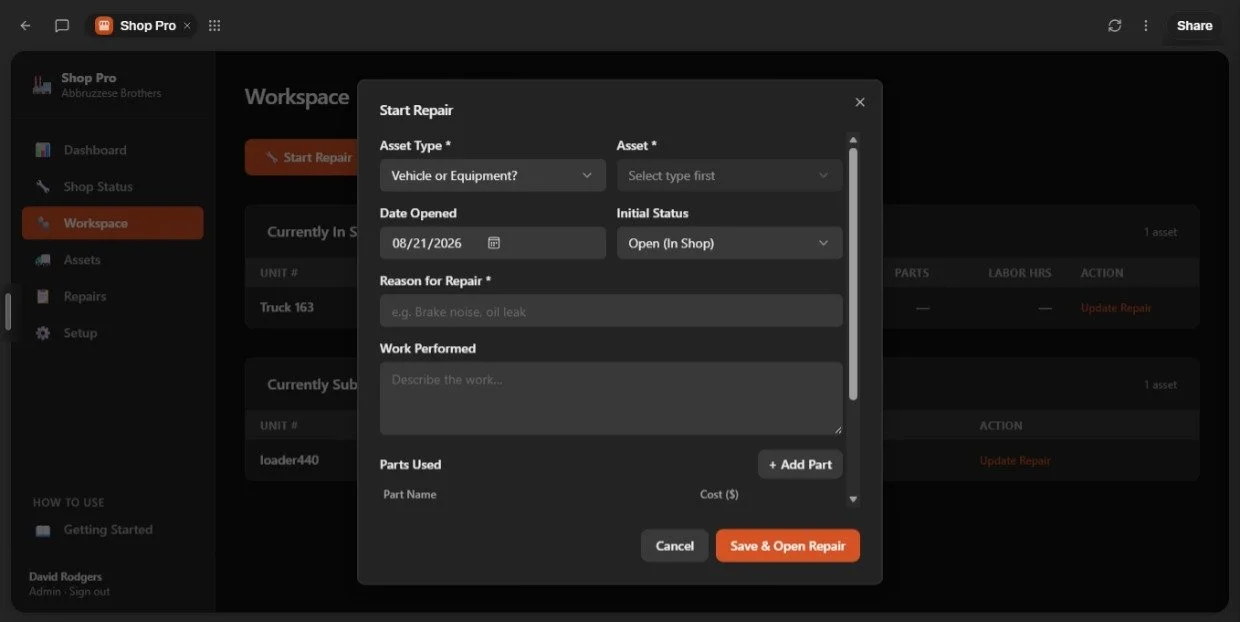 Landscape Shop Pro software interface showing the 30-second Start Repair dialog box for asset tracking