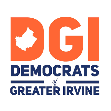 Logo for Democrats of Greater Irvine with the outline of California in place of the letter 'D' in 'DGI' Vote YES on Measure D for RCV!