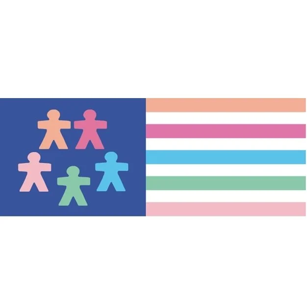 Colorful flag with a blue square on the left featuring five paper doll shapes in pink, purple, green, and blue, and horizontal stripes in pink, purple, white, green, and pink on the right. Vote YES on Measure D for RCV!