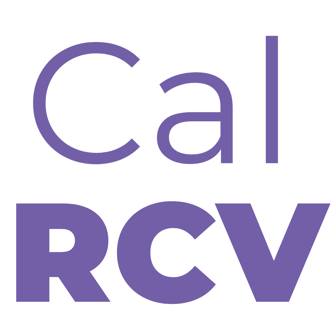 Text reading 'Cal RCV' in purple capital letters, with 'Cal' on top and 'RCV' below. Vote YES on Measure D for RCV!
