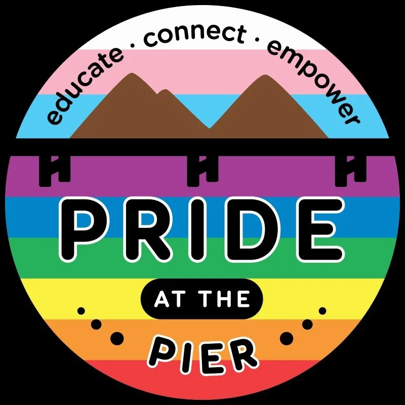 A circular graphic with a rainbow background featuring the text "PRIDE AT THE PIER" and a rainbow flag. Vote YES on Measure D for RCV!