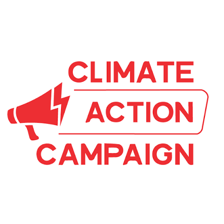 Red megaphone icon next to the text 'Climate Action Campaign' in red capital letters. Vote YES on Measure D for RCV!