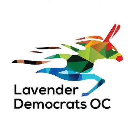 A colorful, geometric-style illustration of a rabbit with the text "Lavender Democrats OC" underneath. Vote YES on Measure D for RCV!