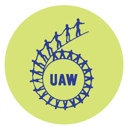 Illustration of people holding hands in a spiral with 'UAW' in the center, representing unity and teamwork. Vote YES on Measure D for RCV!