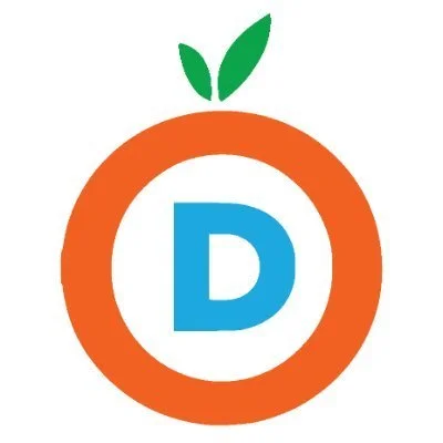 Orange circle with green leaves at the top and a blue letter 'D' inside. Vote YES on Measure D for RCV!