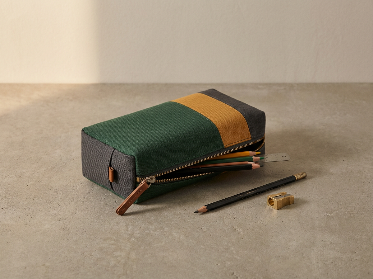 Colorful pencil case with several colored pencils, a ruler, a black pencil, a small brass-colored staple remover, and a keychain on a textured surface.