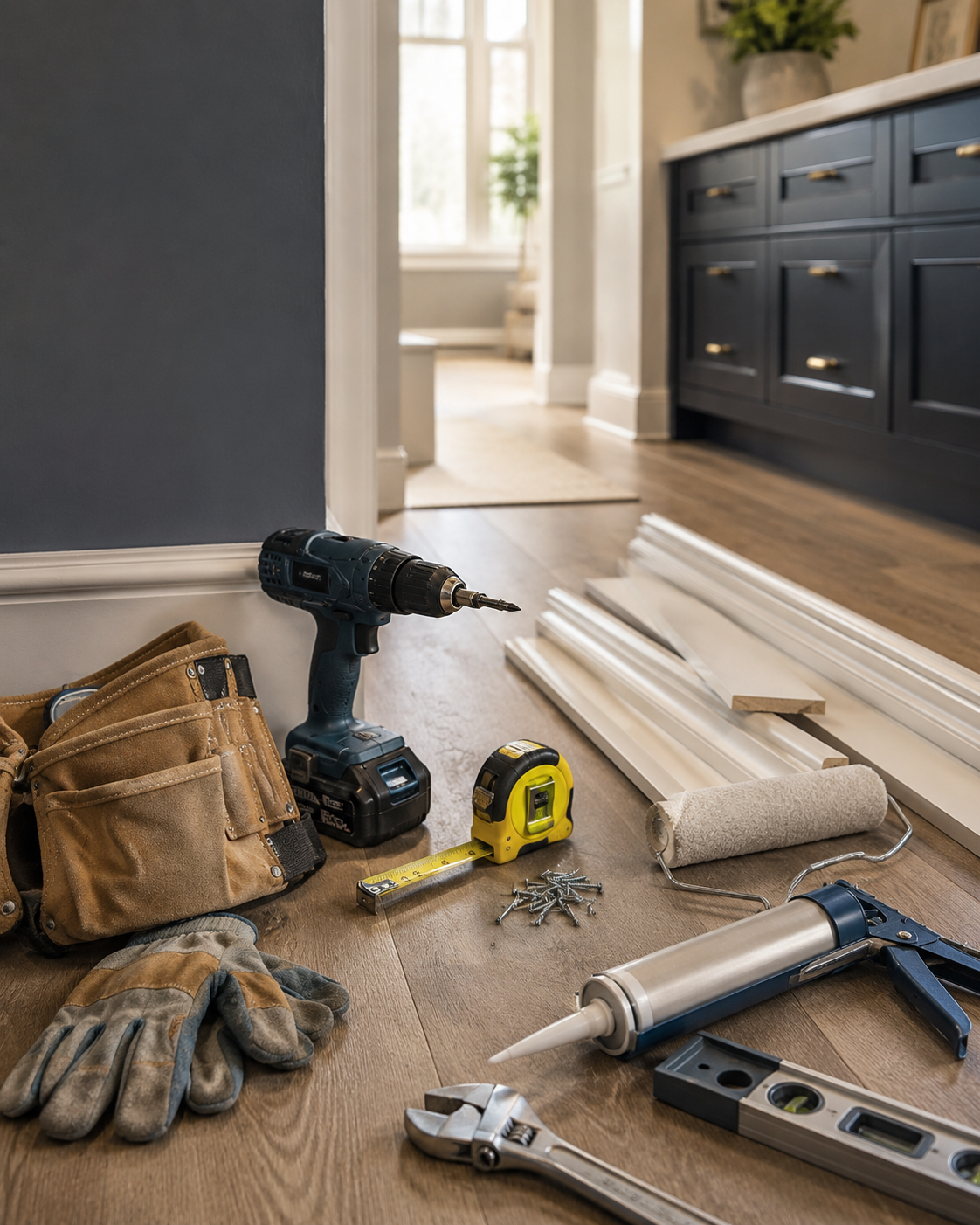 Handyman tools and home repair materials including a cordless drill, caulking gun, tape measure, level, gloves, trim and painting supplies.