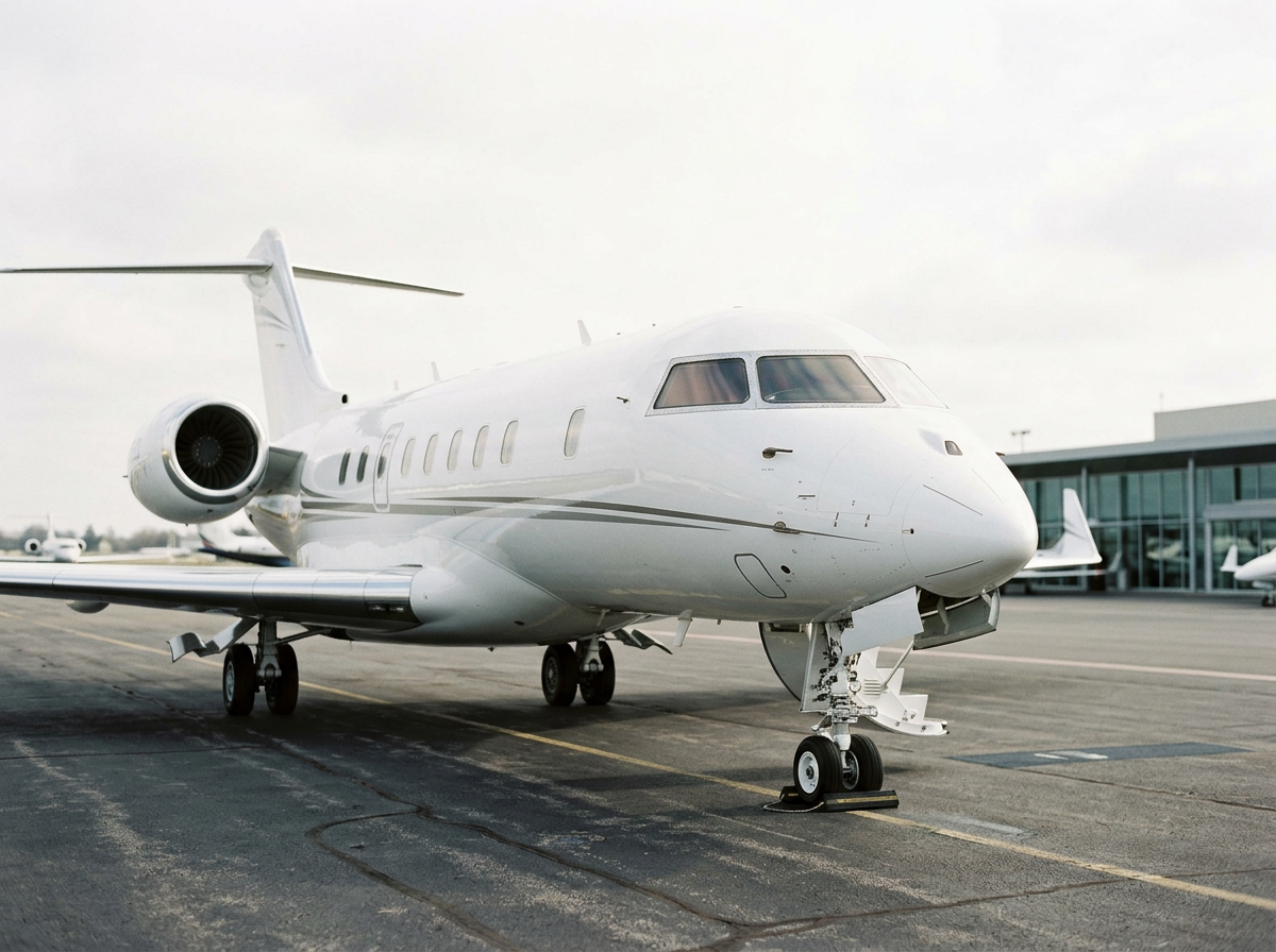A white commercial jet airplane parked on an airport tarmac.
