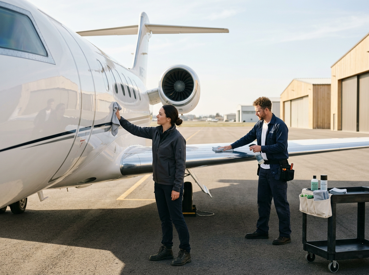 Two individuals cleaning a private jet on the tarmac, with hangars in the background, one wiping the plane's body and the other polishing the wing.