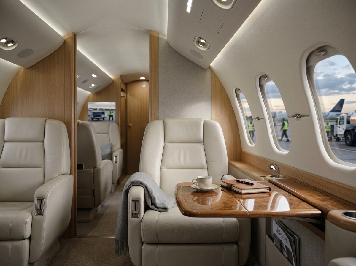 Interior of a private jet with cream-colored leather seats, a wooden table with a coffee cup and notebook, and windows showing an airport tarmac with ground crew and airplane.