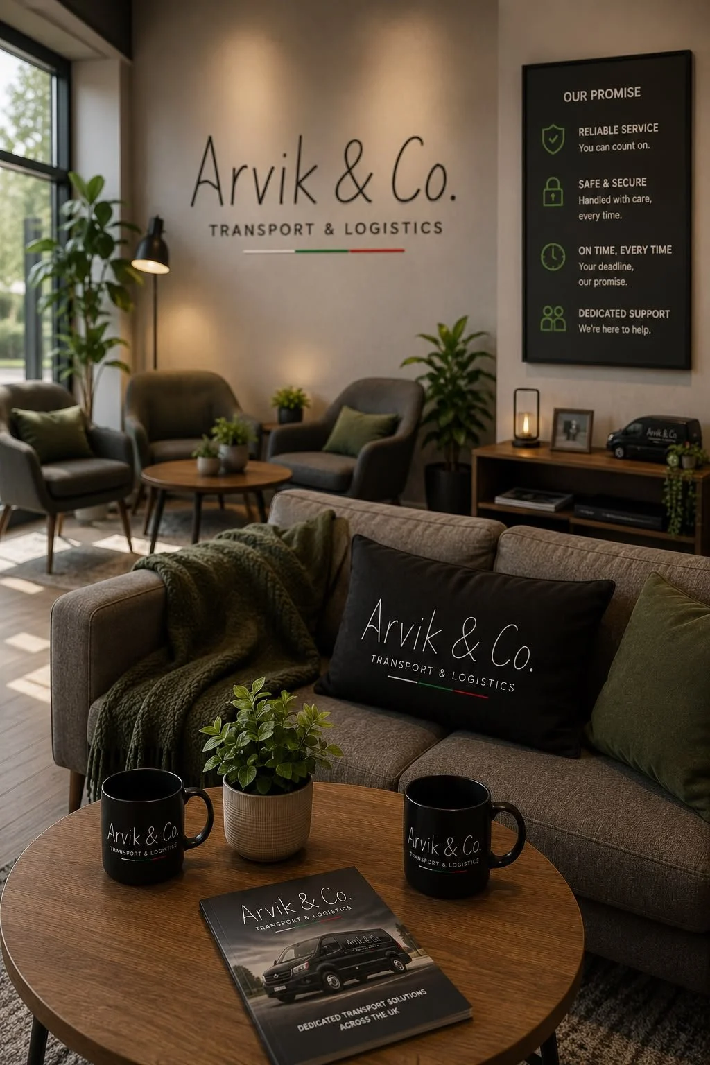 Office lounge with a gray sofa, green and black pillows, a blanket, potted plant, coffee mugs, a magazine, and framed photo. A wall sign displays the company name 'Arvik & Co. Transport & Logistics' and a black board lists company's promises including reliable service, safe secure handling, on-time delivery, and dedicated support.