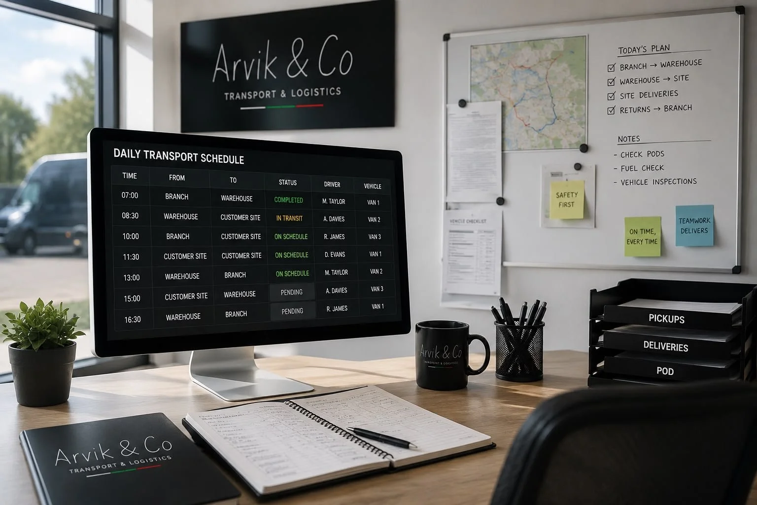 Office desk with a monitor displaying daily transport schedule, a black notebook labeled 'Arvik & Co', an open planner with a pen, a coffee mug, a plant, and a black desk organizer with folders labeled 'PICKUPS', 'DELIVERIES', and 'POD'. In the background, a whiteboard with notes and a map, and a window showing parked cars outside.