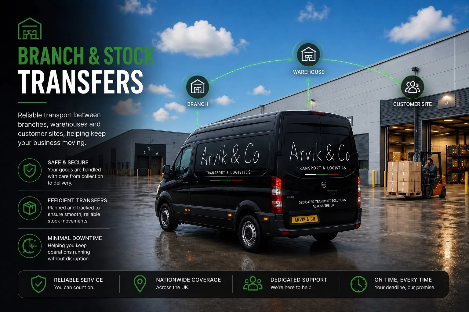 An infographic showing branch and stock transfers at Arvik & Co, a transport and logistics company. The background has a warehouse with a delivery van, a forklift, and icons of branches, warehouses, and customer sites. The infographic highlights features like safe handling, efficient transfers, minimal downtime, reliable service, nationwide coverage, dedicated support, and on-time delivery.