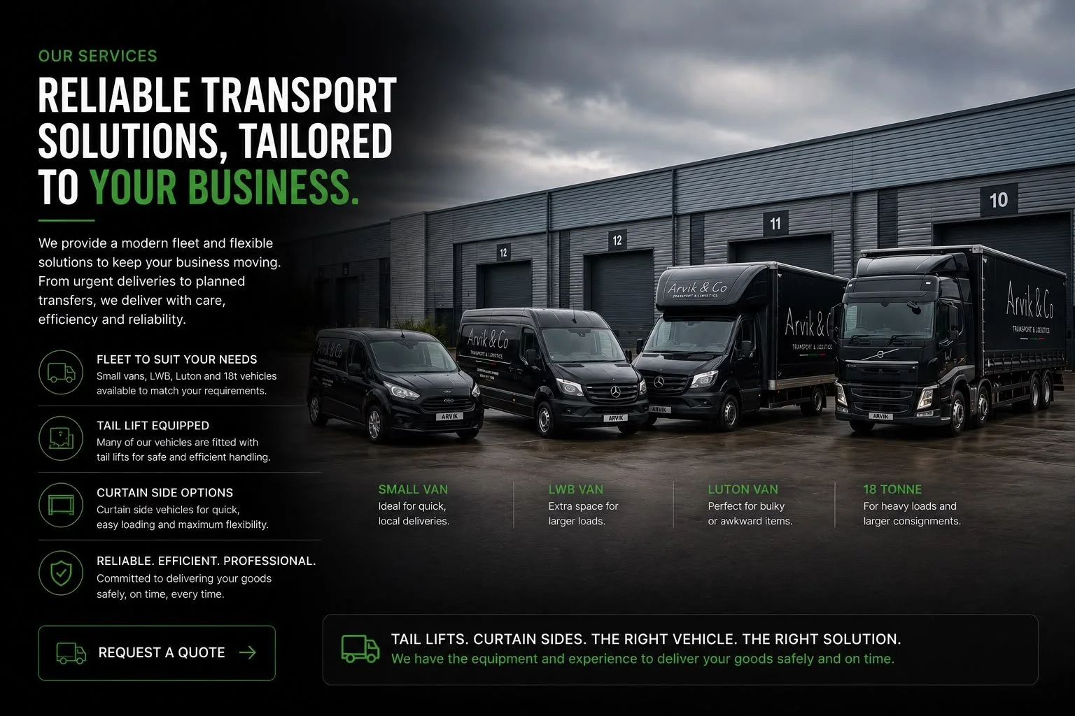 A fleet of black delivery vehicles, including small van, LWB van, Luton van, and 18-tonne truck, parked in front of a warehouse. The vehicles display the company name 'Arvik & Co'.