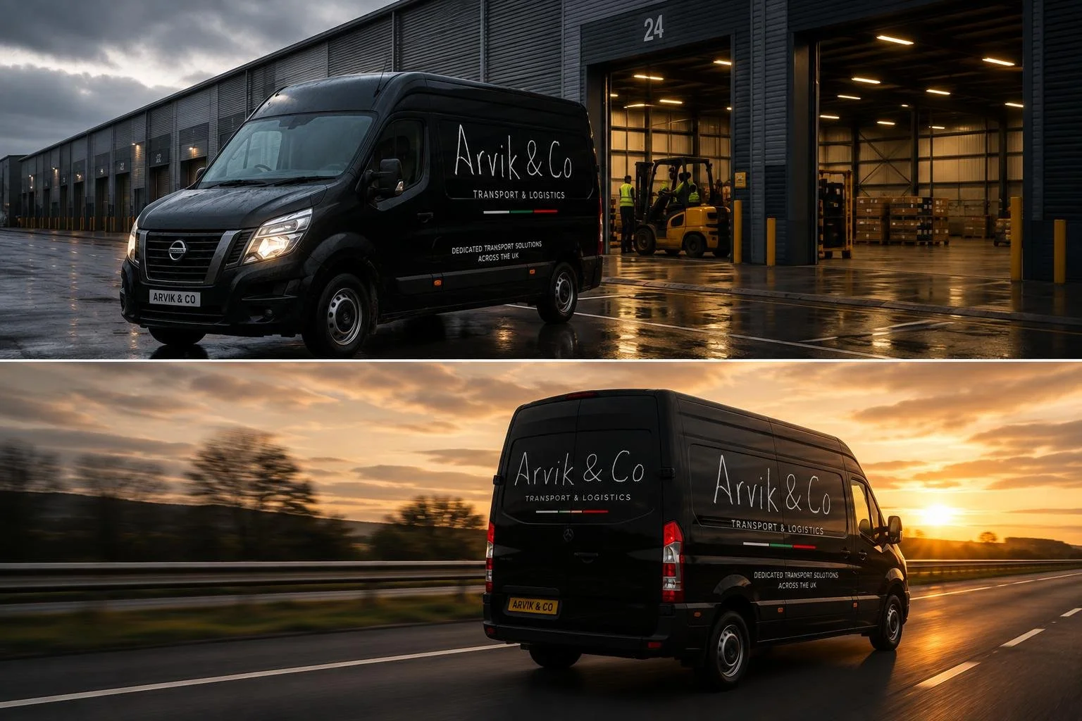 A black van with Arvik & Co branding in a warehouse loading dock in the first image and driving on a highway during sunset in the second image.