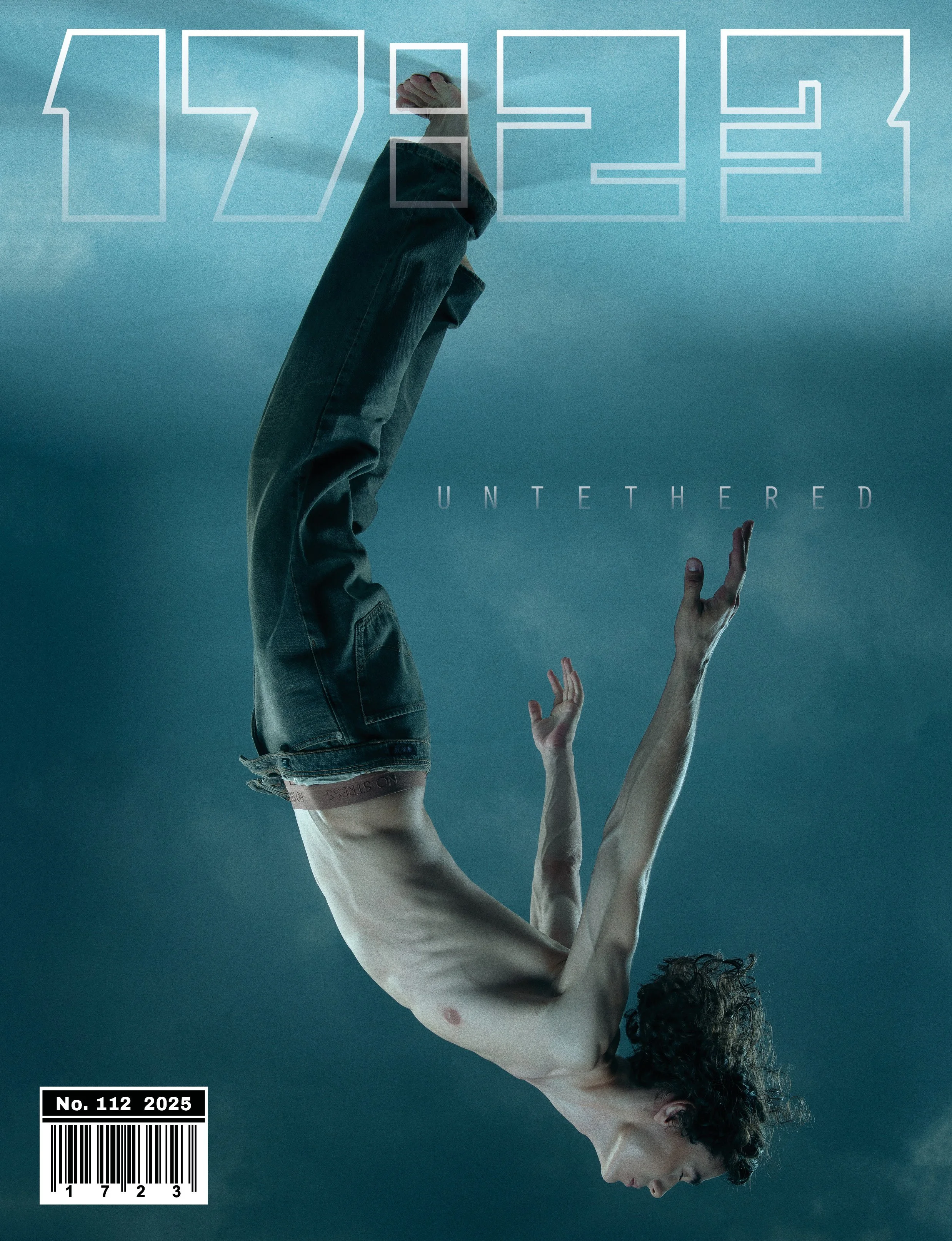 A person floating upside down in water with their arms raised and hands open, with the phrase 'Let's be' overlaid at the top and 'untethered' at the bottom, a barcode, and issue information.