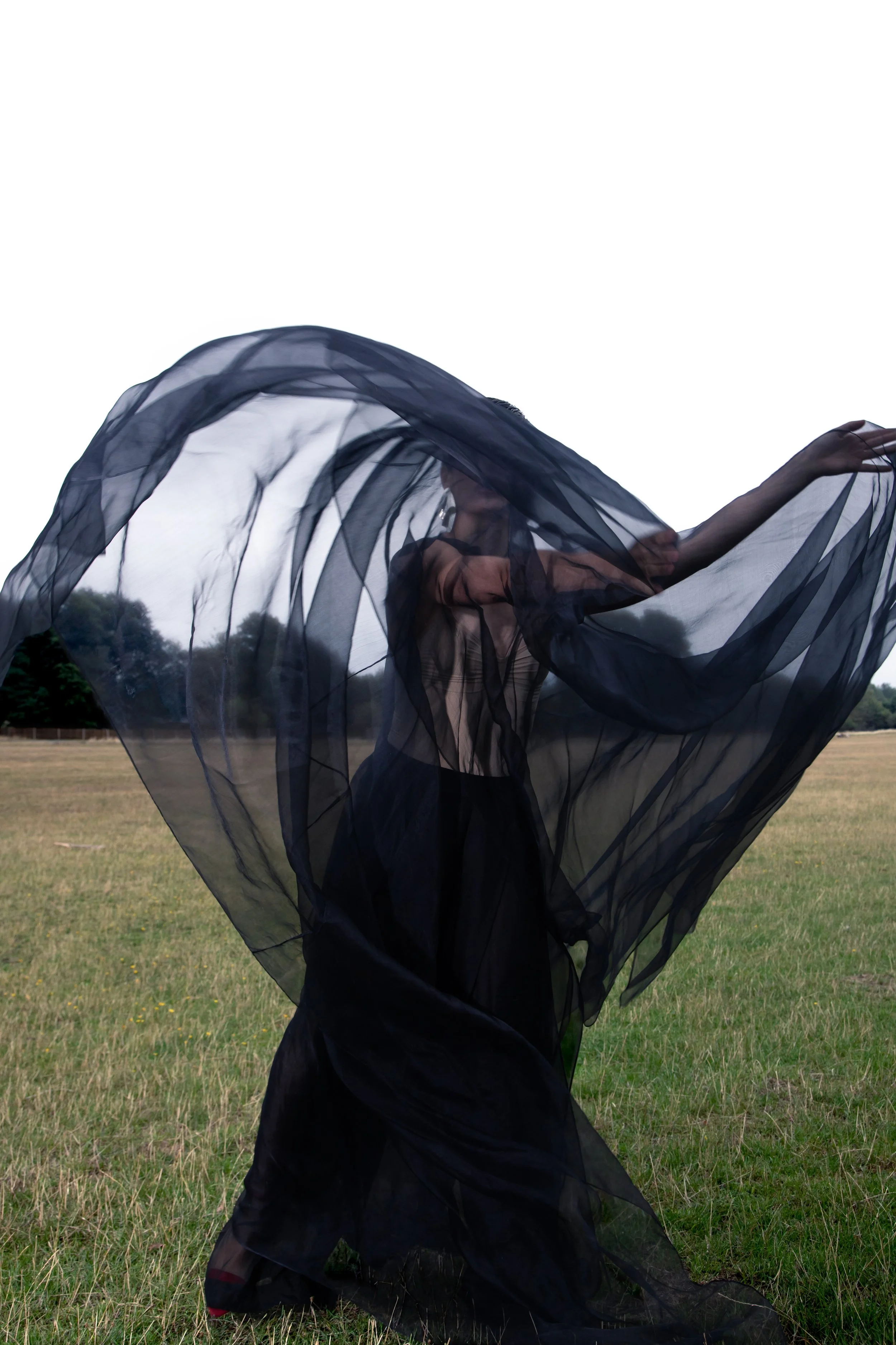 A person dancing outdoors with flowing black fabric creating a flowing motion against a background of grassy field and trees.