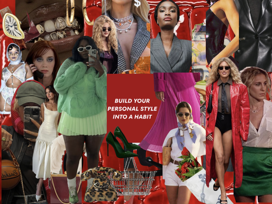 A collage of women in various fashionable outfits and accessories with the central message 'Build your personal style into a habit'.