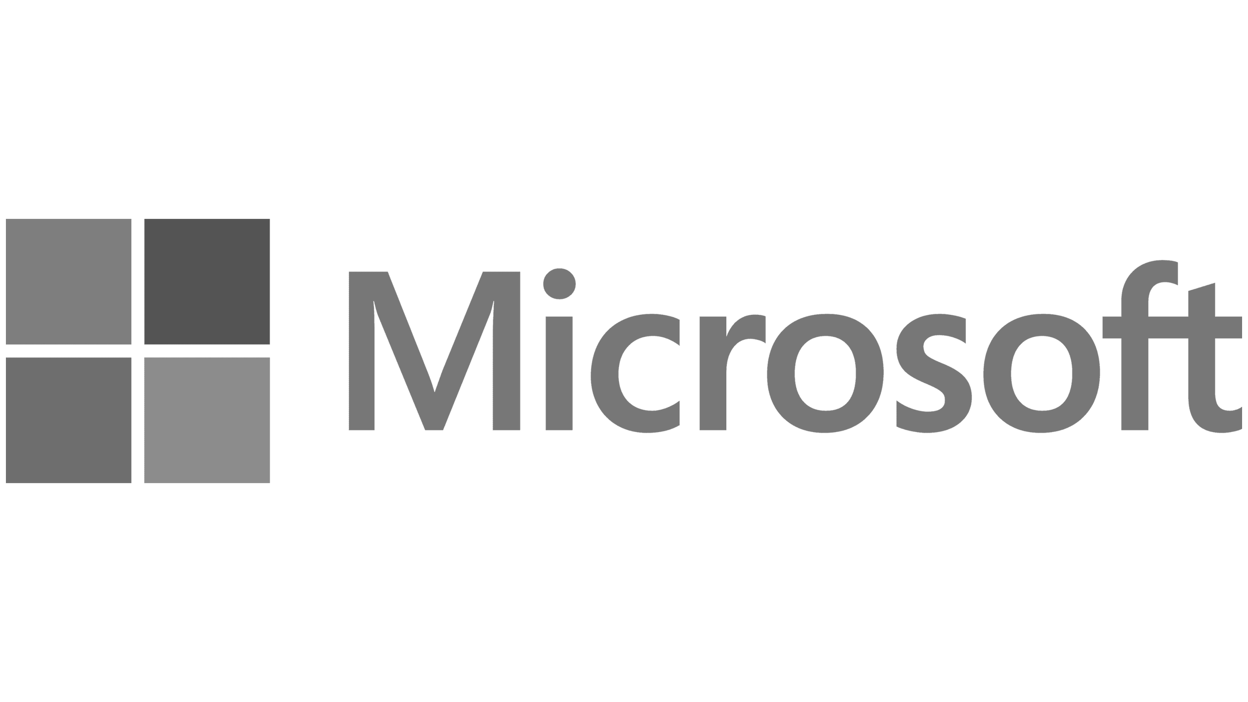 Microsoft logo featuring four squares in black, dark gray, gray, and light gray, with the word 'Microsoft' in black text to the right.