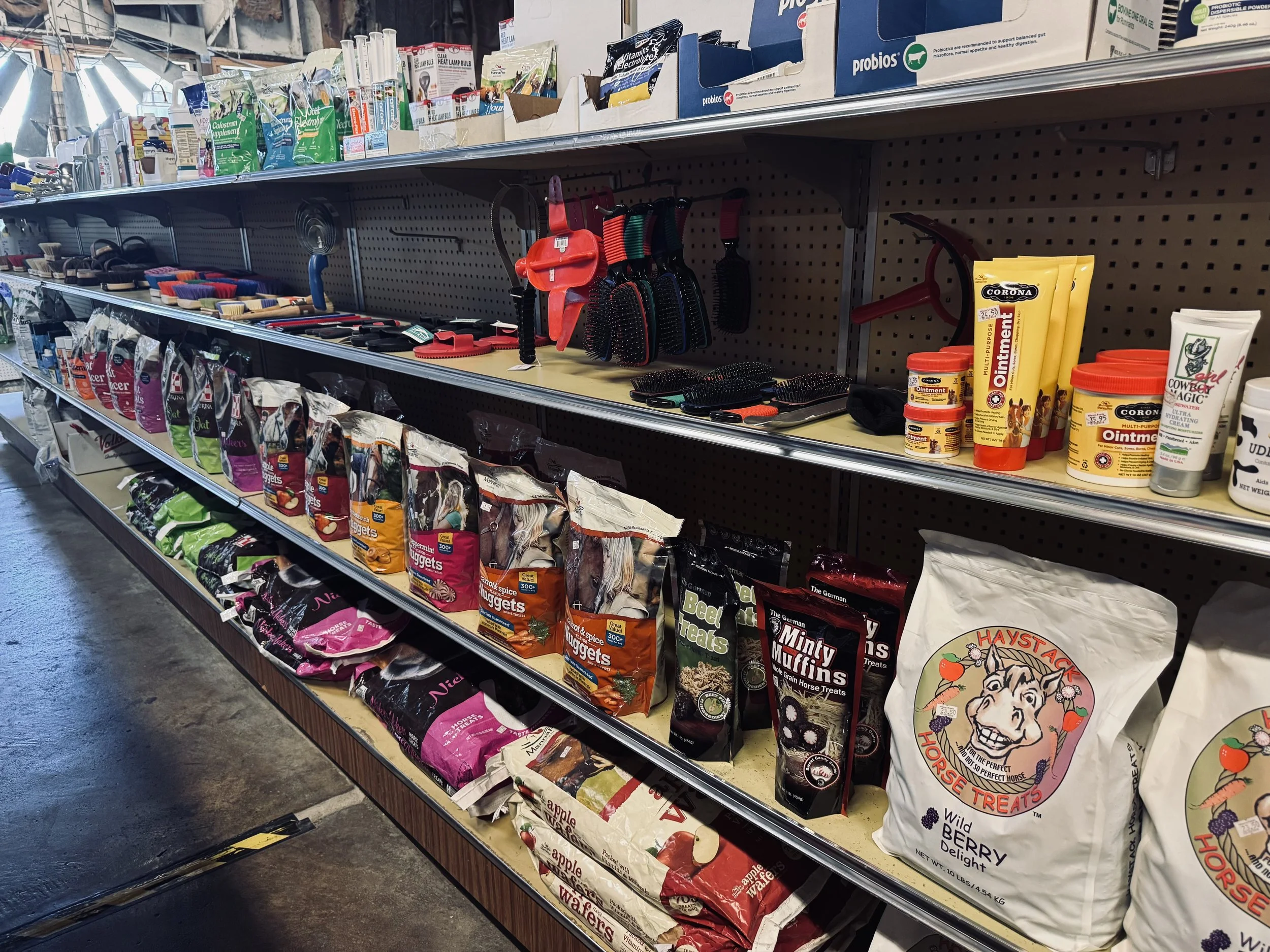 Store shelf stocked with pet supplies including bags of dog treats and other pet snacks, dog grooming brushes, and health products.