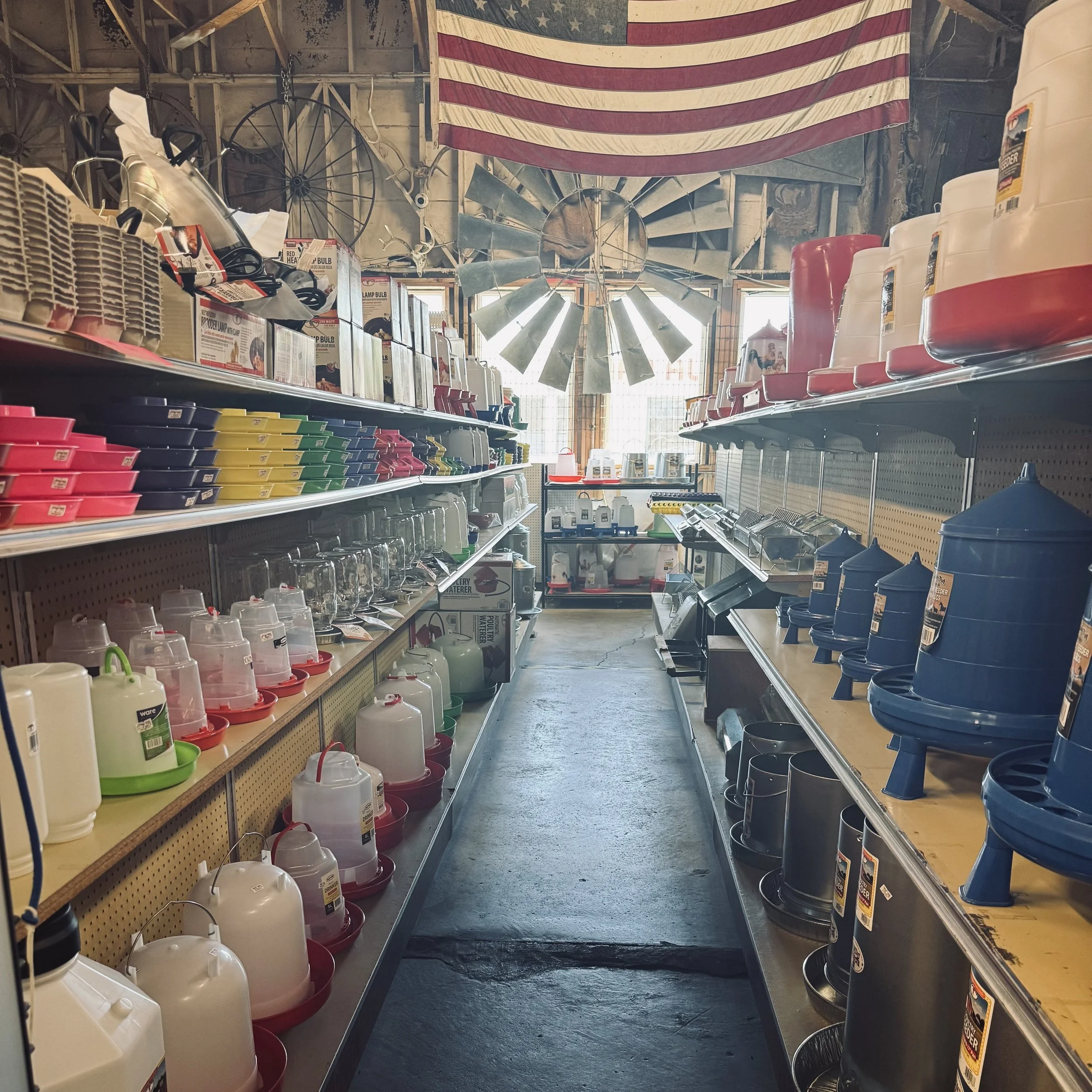Store aisle with pet supplies, including water and food bowls on shelves, with an American flag hanging on the wall in the background.