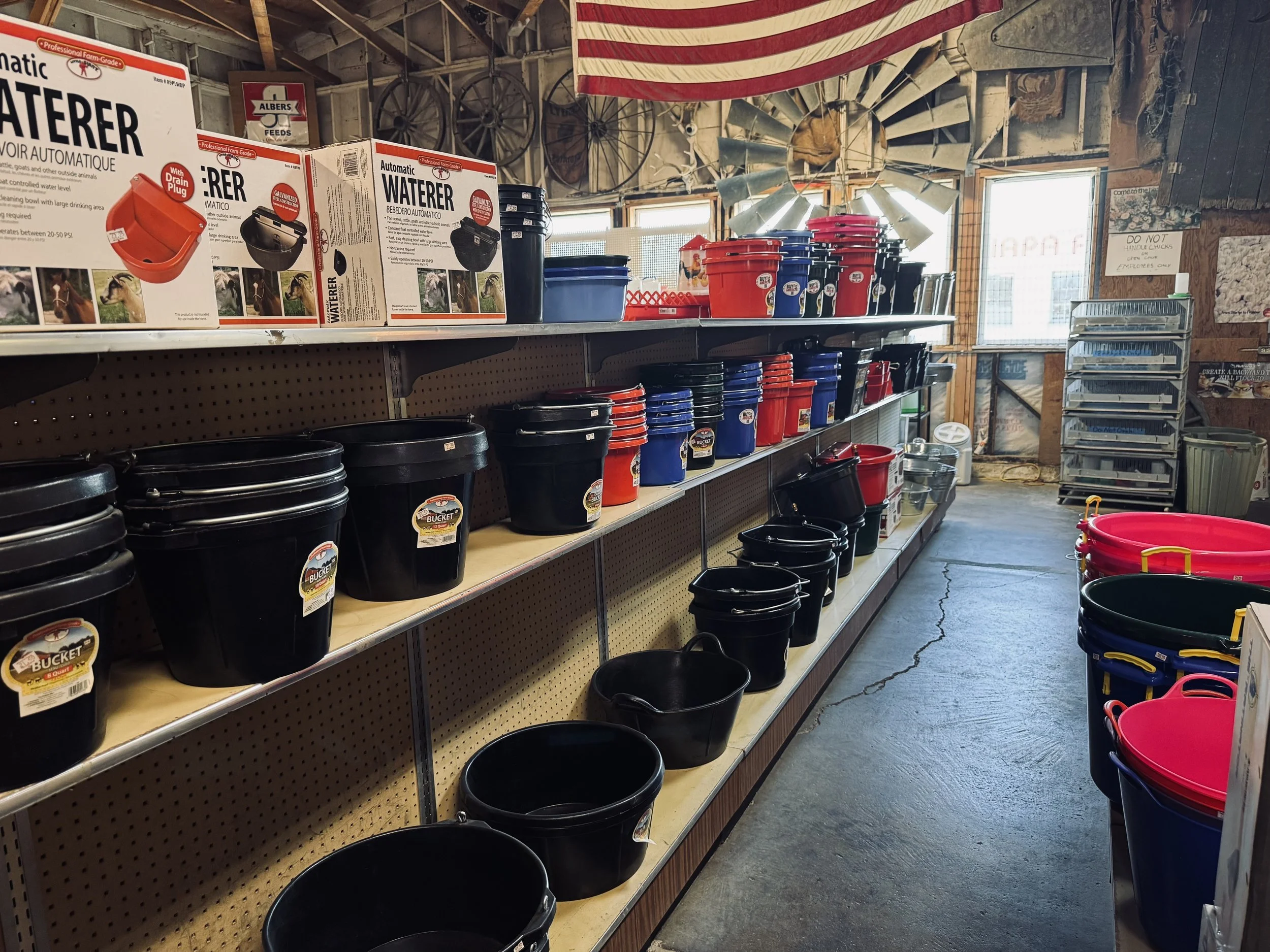 Shelves with various sizes of black, red, and blue buckets in a hardware or farm store.