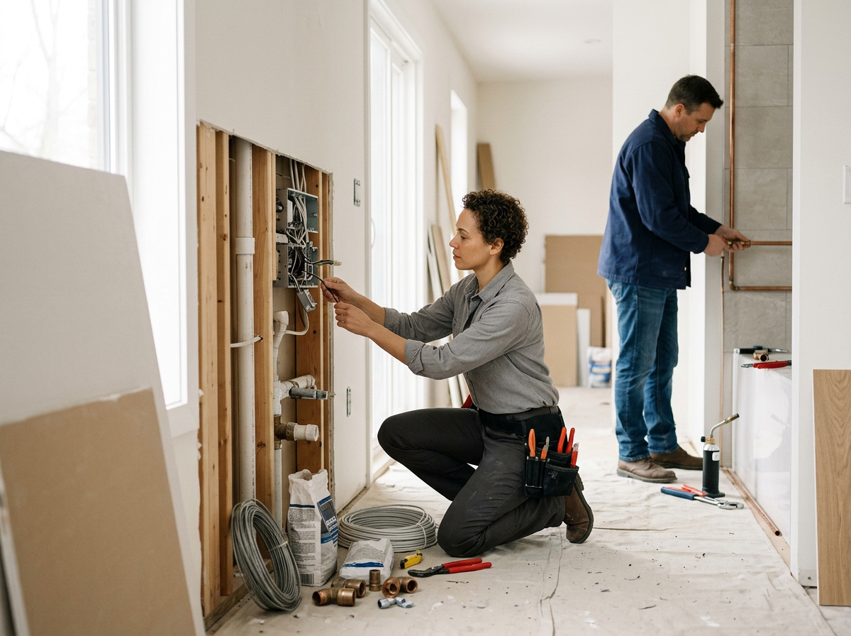 Two workers installing or repairing plumbing and electrical systems inside a home. The woman is kneeling on the floor working on electrical wiring in a wall box, with tools and pipes nearby. The man is standing further back, working on copper pipes attached to a wall.