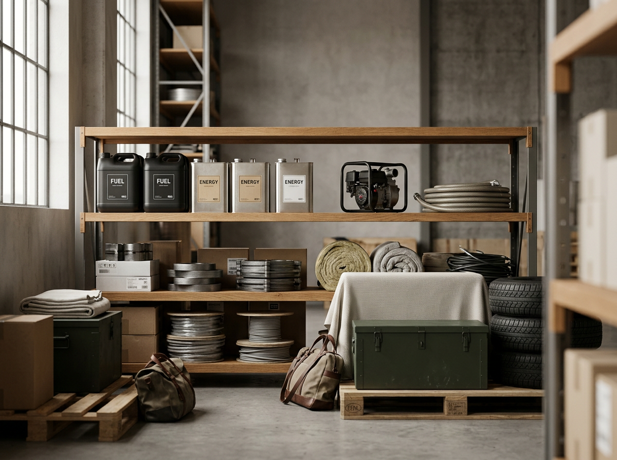 Industrial storage room with shelves holding fuel cans, energy cans, a portable generator, hoses, towels, rolls of metal, a green toolbox, bags, and tires.