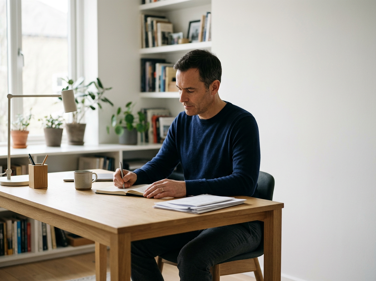 A man sitting at a wooden desk in a bright room, writing in a notebook with papers and a coffee mug on the desk, books and plants on shelves and window in the background.
