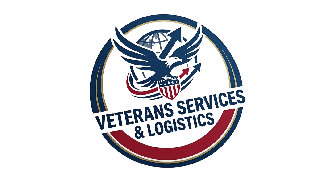 Logo for Veterans Services & Logistics featuring an eagle with outstretched wings, a shield, and arrows, with red, white, blue, and gold colors.
