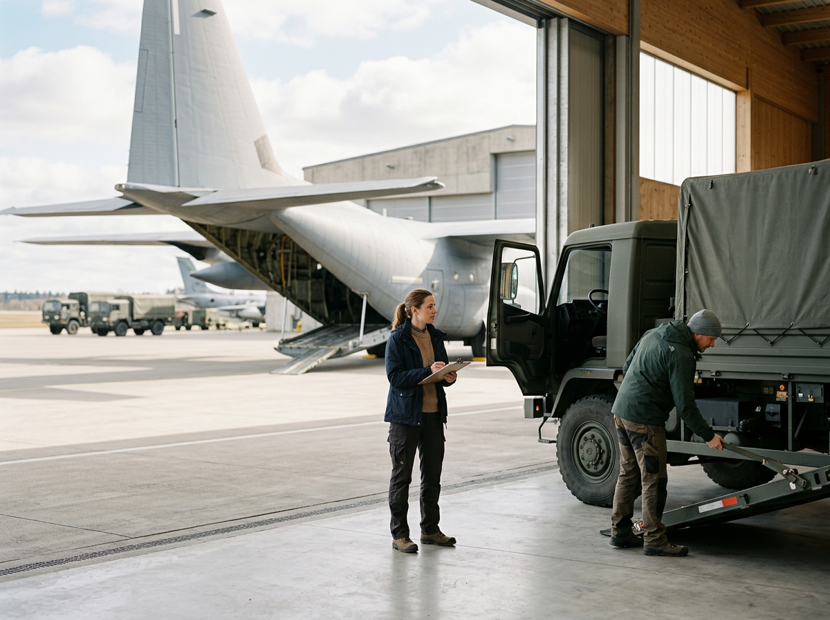 An aircraft inside an airport hangar with one woman holding a clipboard and a man loading luggage onto a truck, while a large military cargo plane is parked outside.