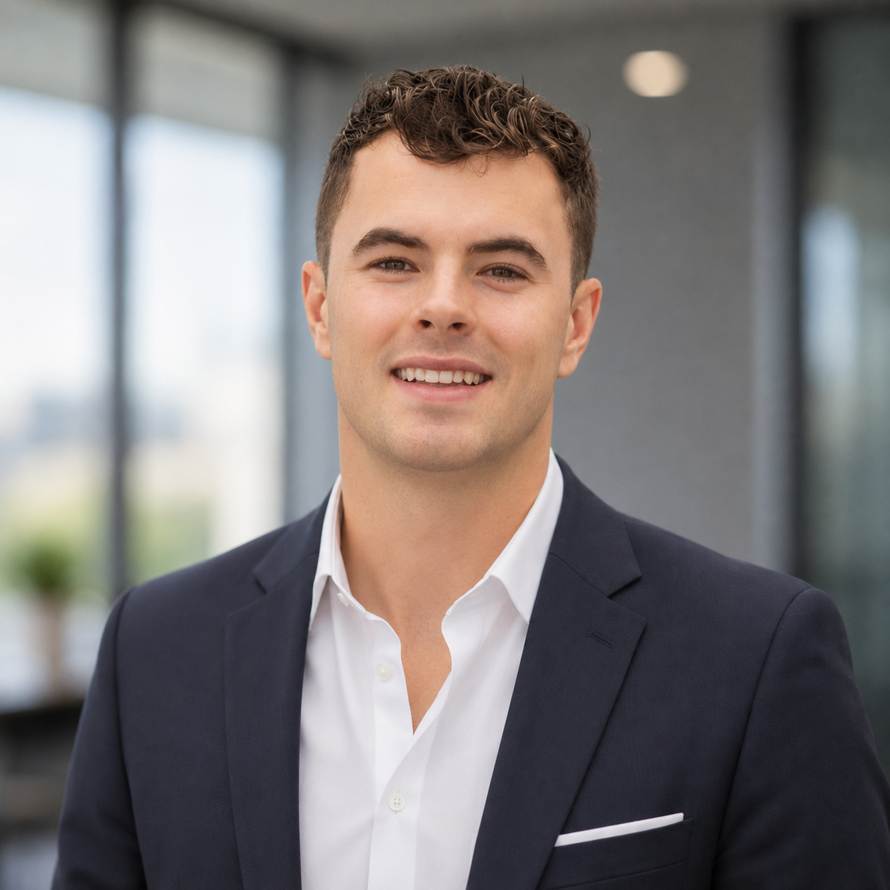 Headshot of a smiling young man wearing a navy blazer and white shirt in a modern office building.