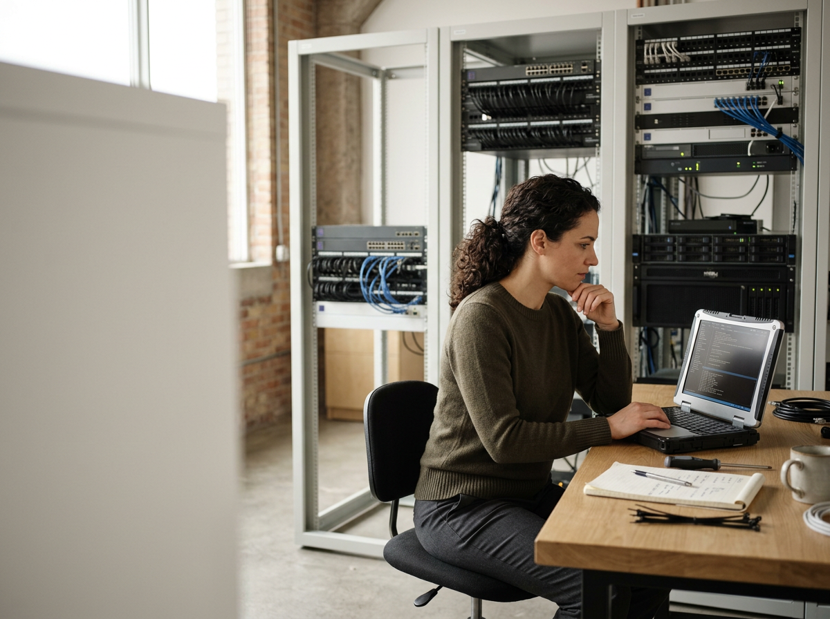 A woman working on a laptop in a server room with networking equipment and cables.