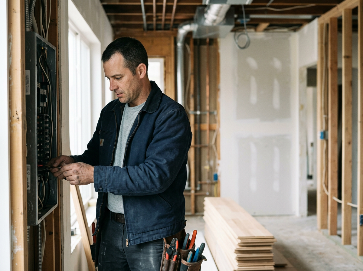 A man in a work jacket working on electrical wiring inside a house under construction or renovation.