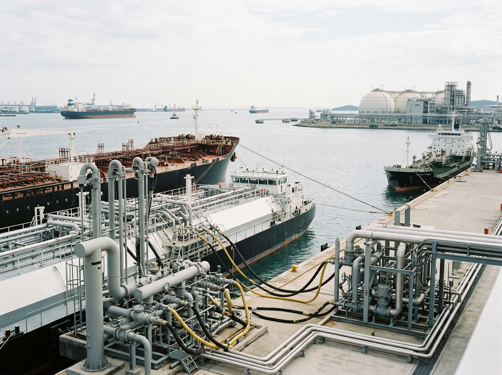 Liquified natural gas terminal with tankers and storage spheres