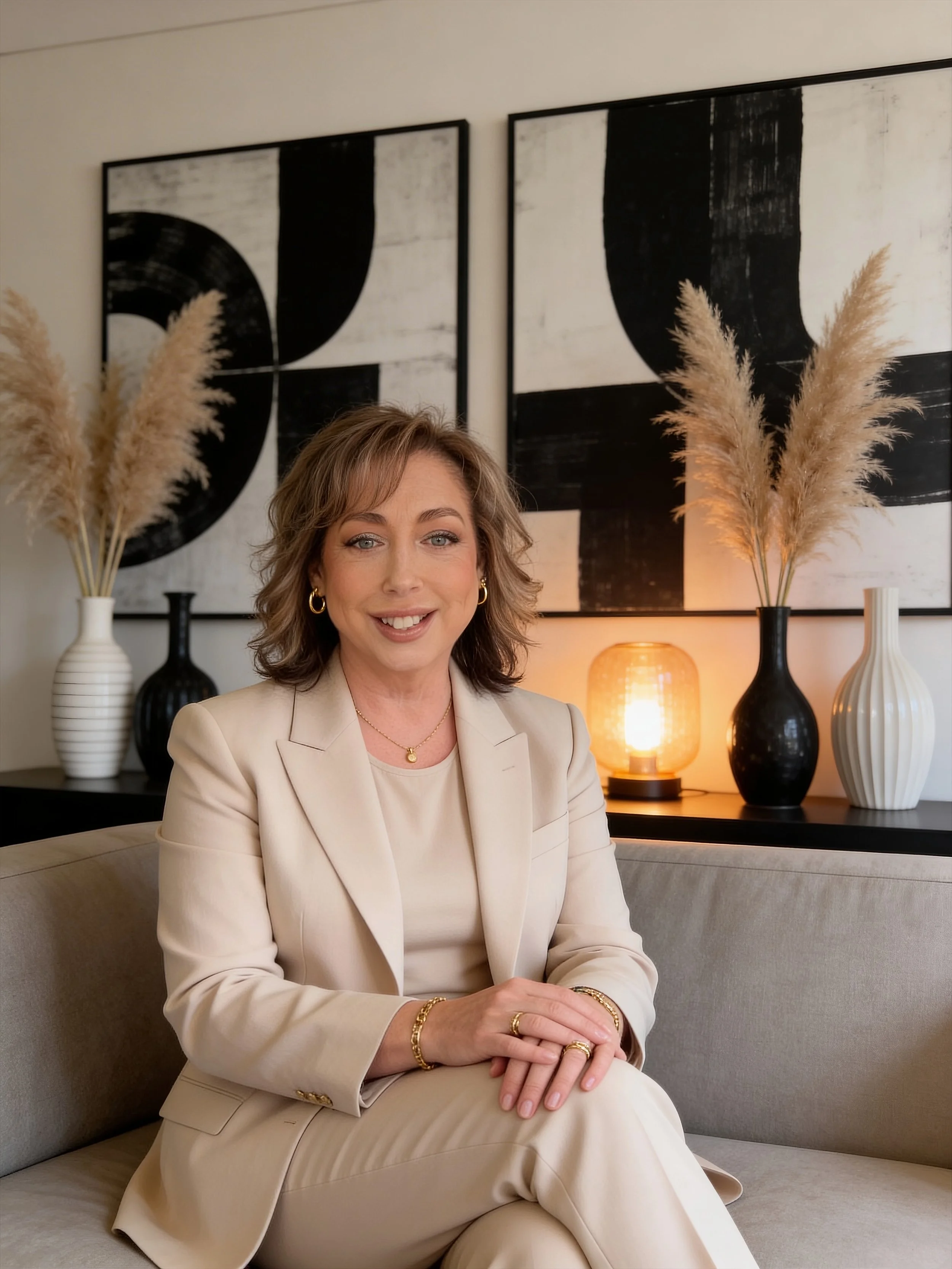 A woman with short, wavy blonde hair, wearing a beige blazer and matching pants, sitting on a light grey sofa. Behind her are two black and white abstract paintings and three decorative vases with pampas grass, warm lighting from a table lamp.