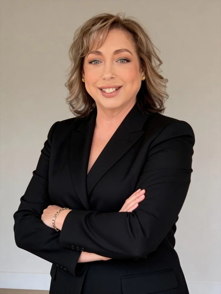 A woman with short, wavy blonde hair, wearing a black blazer, gold earrings, a gold bracelet, and smiling with crossed arms against a plain background.