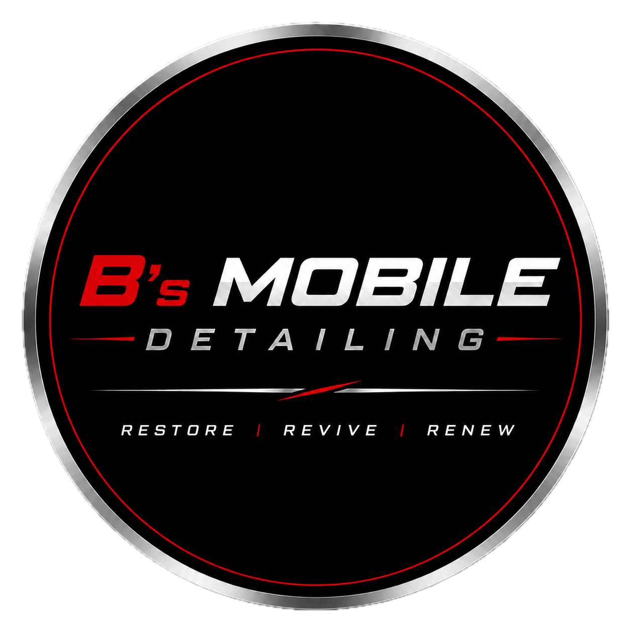 Logo for B's Mobile Detailing with a black background, silver and red accents, and the words "Restore | Revive | Renew" at the bottom.