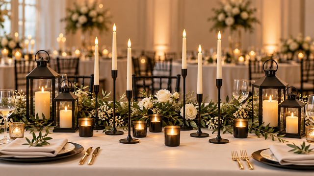 Elegant banquet table decorated with lit candles, white roses, greenery, and black lanterns in a sophisticated event space.