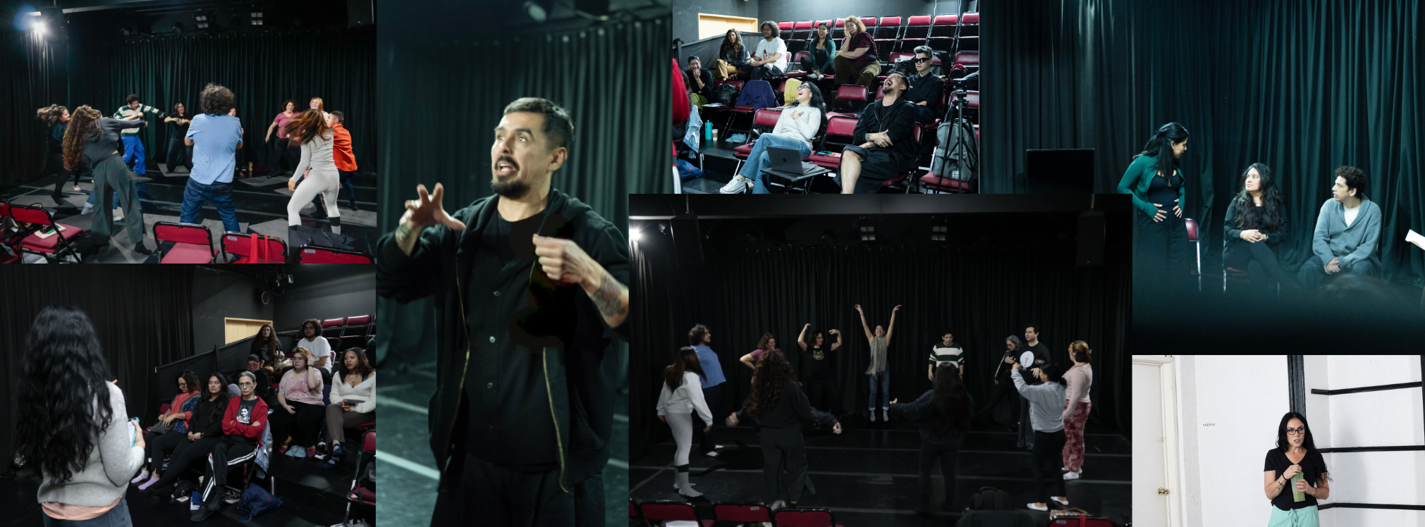 Group of people participating in a theater workshop with scenes of acting, rehearsals, and discussions, featuring a dance scene and group exercisesawaken your artist, casa hechale