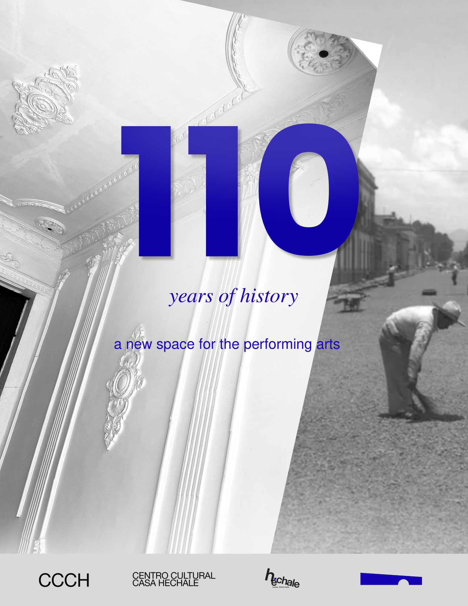 A black-and-white photograph of a street scene with a person bending down, possibly digging or working on the ground, with old buildings in the background. The image is overlaid with large blue text reading '110' and smaller text below stating 'years