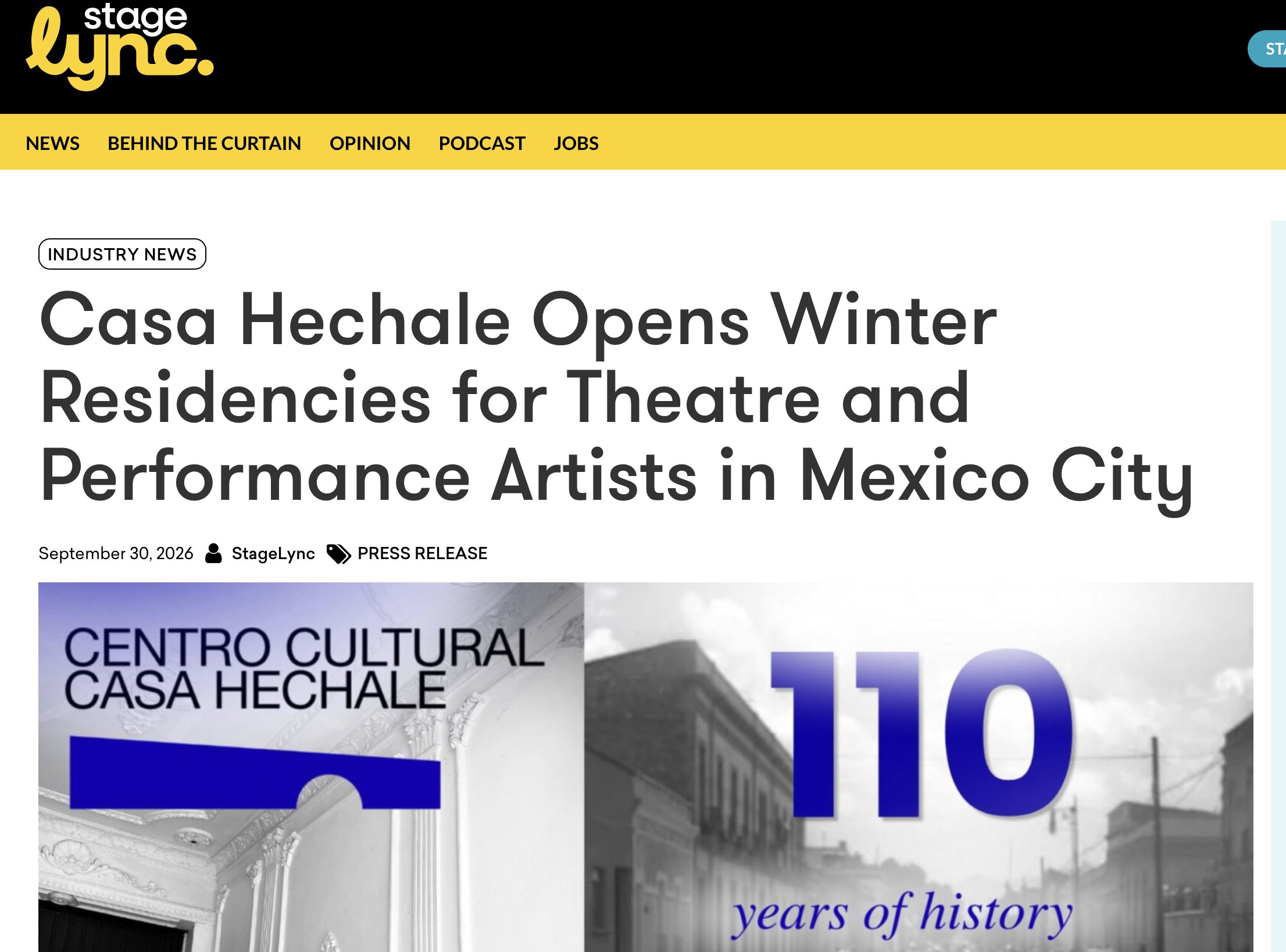 StageLync features Casa Hechale’s 2026–27 winter residency programme