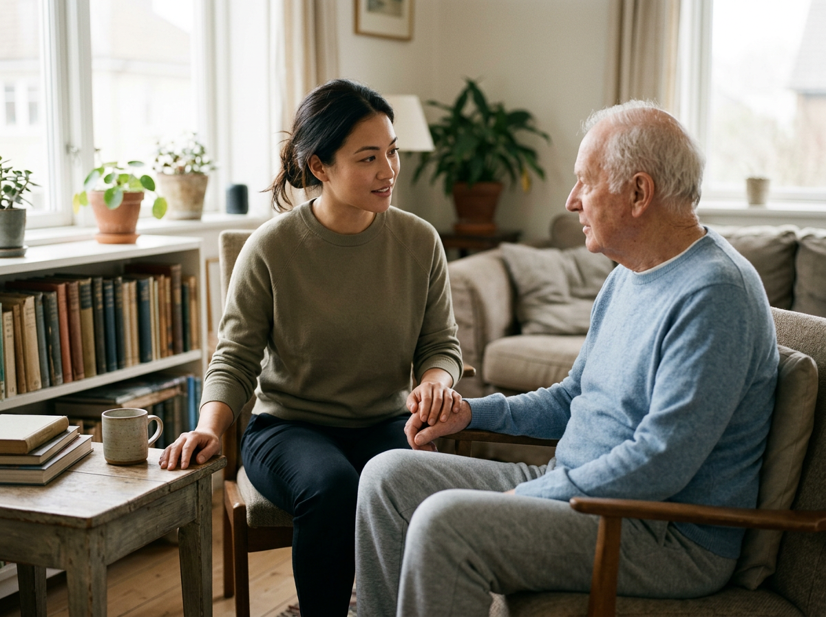 A young woman and an elderly man sit facing each other in a well-lit living room, holding hands and engaging in a heartfelt conversation, with bookshelves and plants in the background.