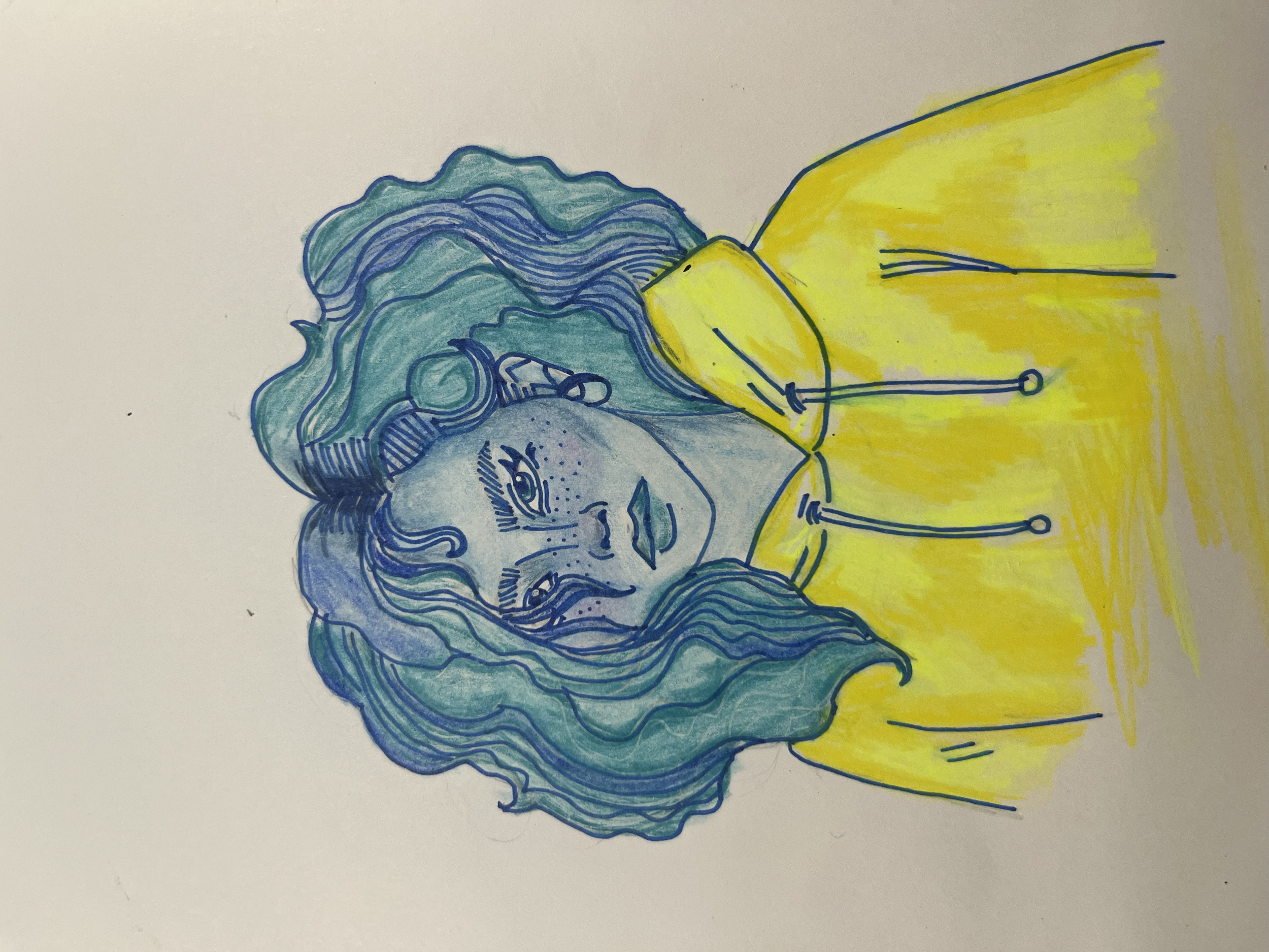 Drawing of a woman with long, wavy hair, wearing a yellow top, resting her head on her hand.