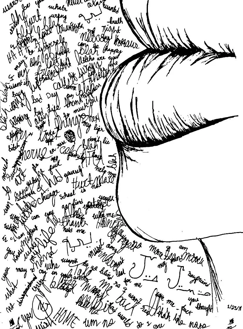 A black and white illustration of a person's face, with only the hair and partial face outline visible. The hair is detailed with thick, curved lines, and the surrounding area is filled with handwritten text in cursive, forming the background.
