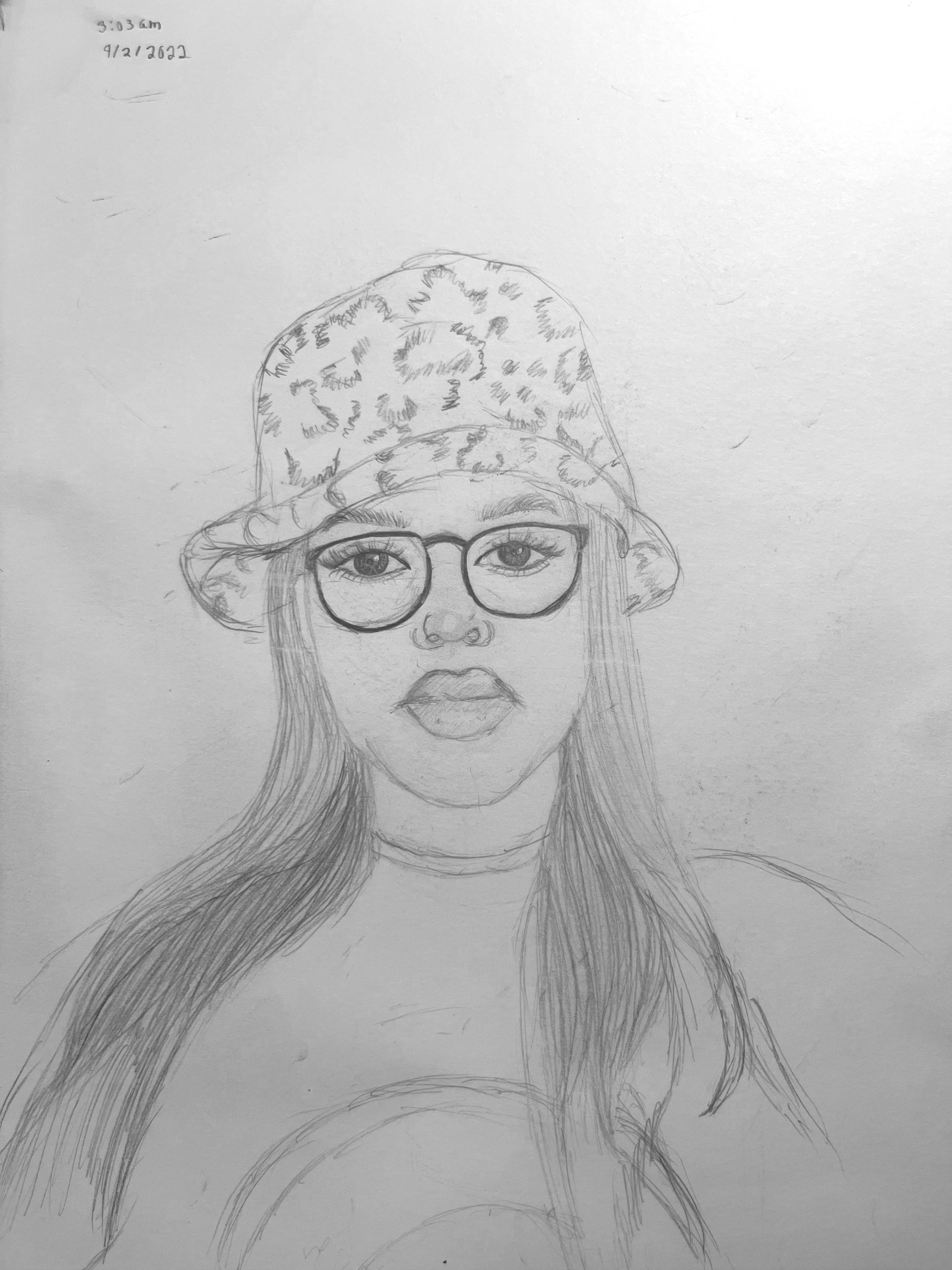 A detailed pencil sketch of a young woman with long hair, wearing glasses, and a hat with a leopard print pattern. The sketch includes her facial features and hair.