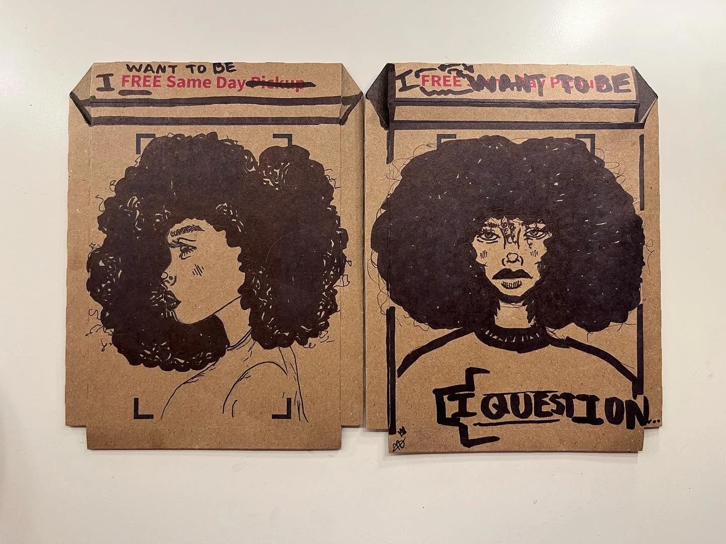 Two brown cardboard boxes with hand-drawn black ink illustrations of women with large curly hair. The box on the left shows a side profile of a woman and the box on the right shows a woman facing forward with the word 'QUESTION...' written below.