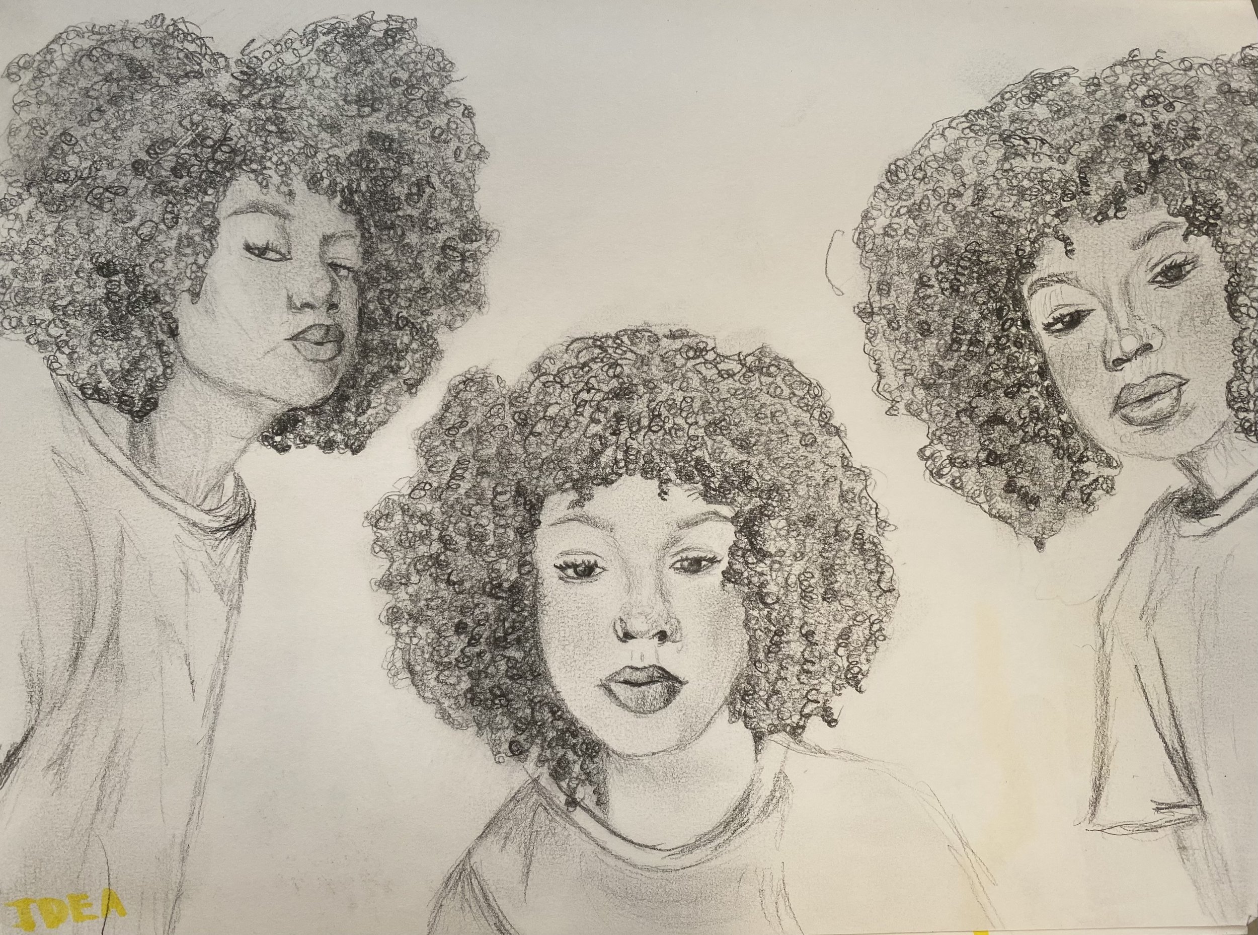 A detailed pencil sketch of multiple women with curly hair, showcasing their facial features and expressions, some with eyes closed or slightly open.