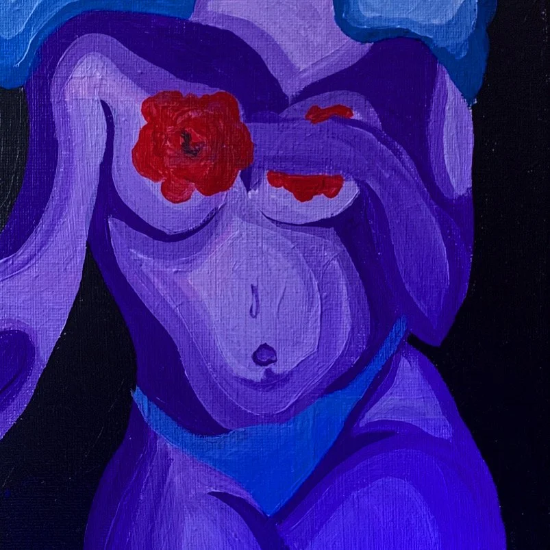 Abstract painting of a stylized female figure with purple skin, red flower over one eye, wearing blue underwear, against a black background.
